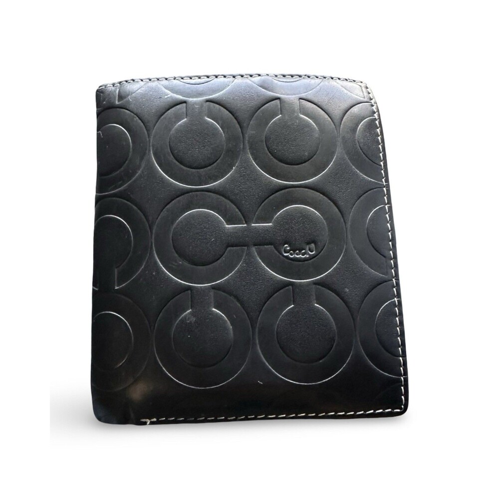 Authentic Coach Mens Black Leather Op Art Embossed Bifold Wallet